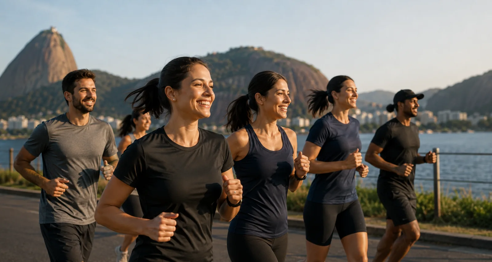 Grupo diverso correndo junto ao ar livre no Rio de Janeiro