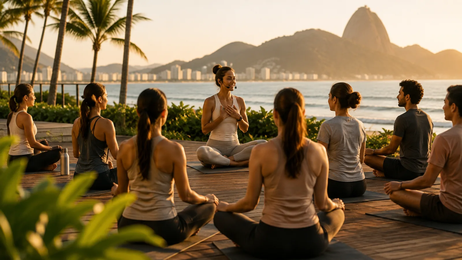 Grupo em prática de respiração e bem-estar ao ar livre
