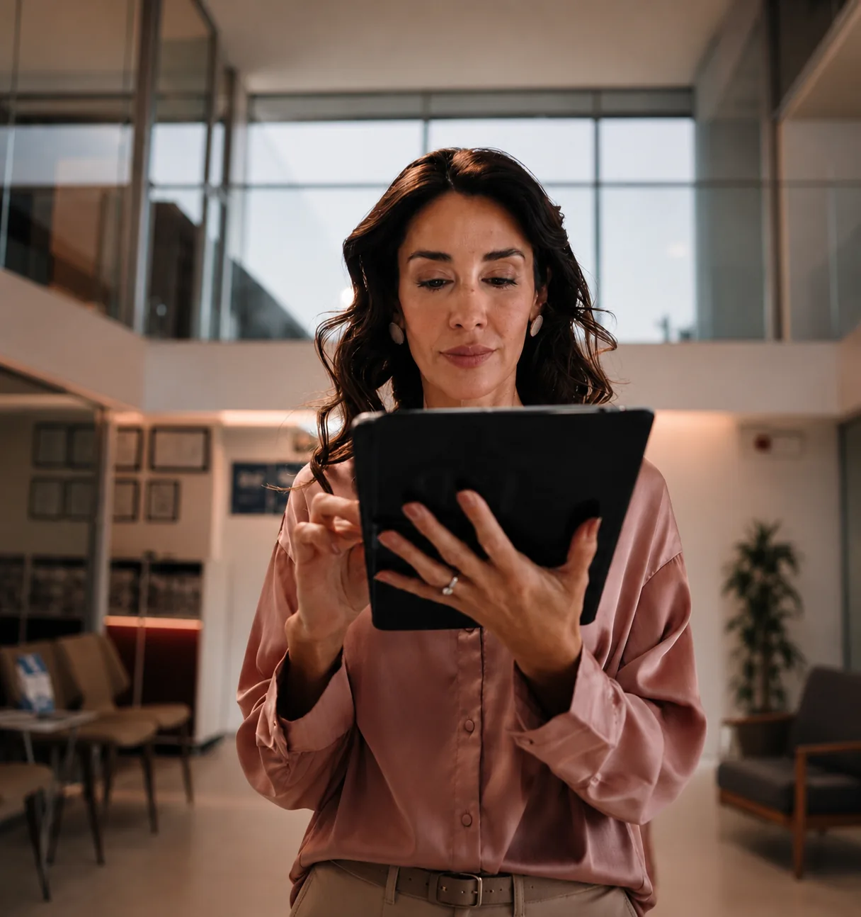 Mulher usando tablet, representando o cliente conectado ao app TIIX